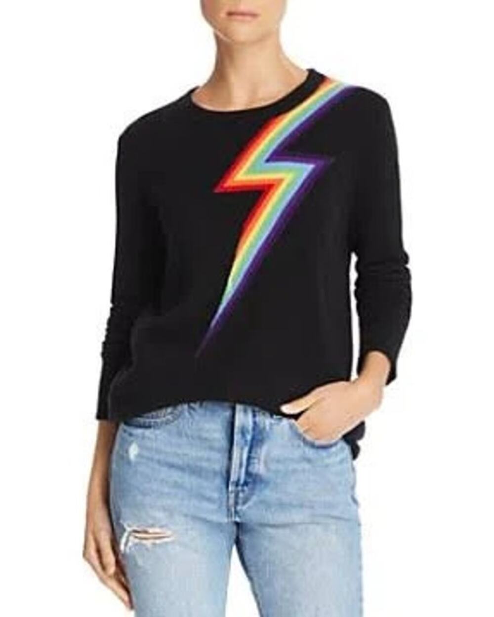 Madeleine Thompson Black Cashmere Rainbow Lightning Bolt Sweater Size S